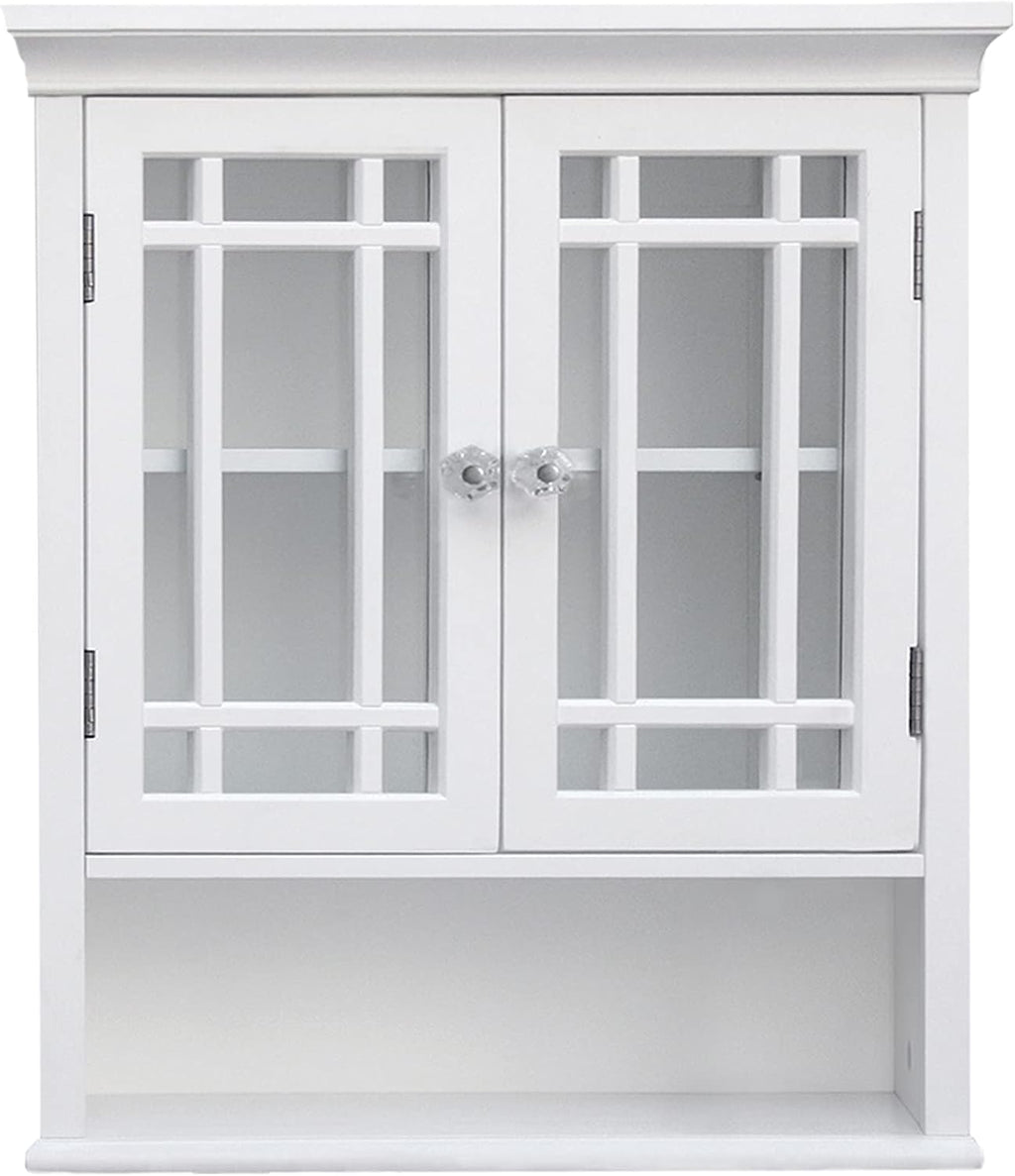 Teamson Home Neal Wooden Over The Toilet Bathroom Removable Wall Medicine Cabinet with 1 Fixed and 1 Adjustable Shelf 3 Storage Spaces 2 Glass Mosaic Doors and Crystal-Cut Acrylic Knobs, White