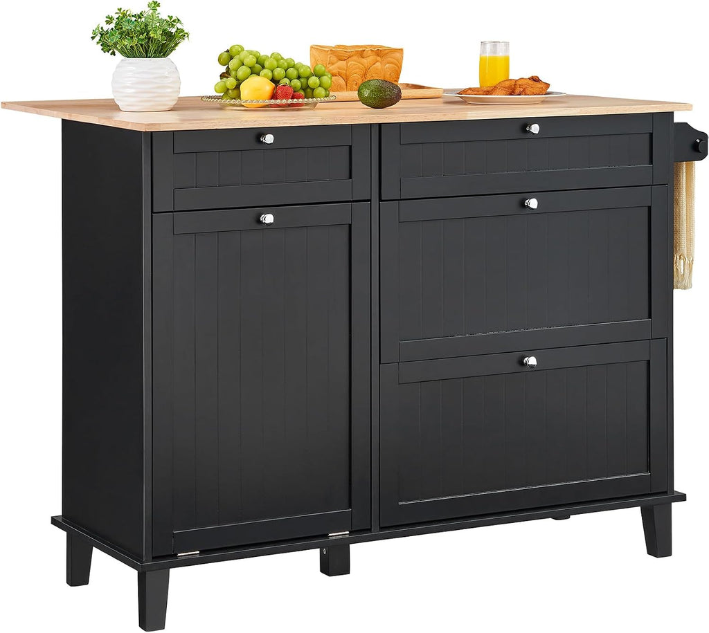 53' Rubber Wood Cupboard, Storage Cabinet with Multi-Functional Hooks, Food Pantry Cabinet with Built-in Trash Cabinet for Kitchen Use, Black
