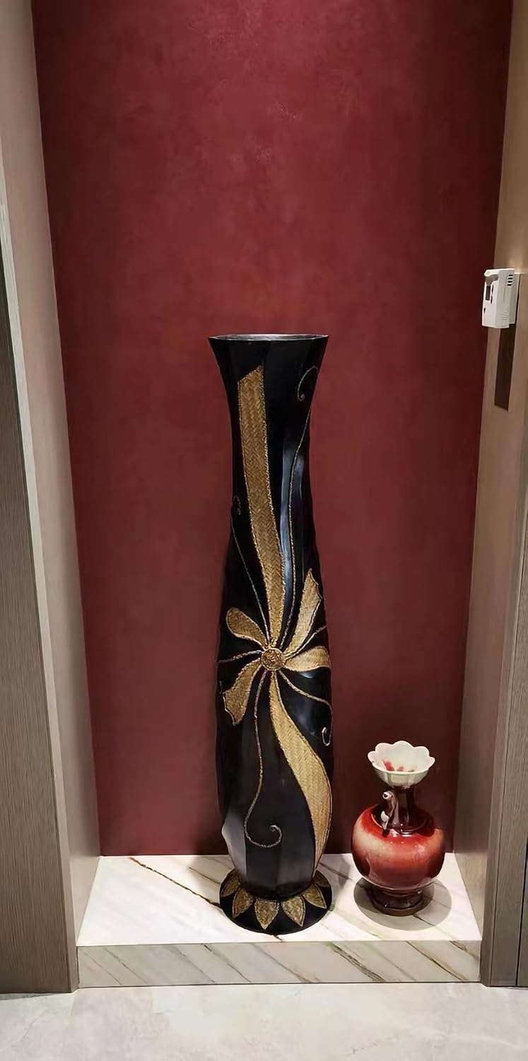 47'' Extra Tall Floor Vase, Huge Solid Wood Decorative Floor Vases with Wide Mouth Opening, Handmade Tall Corner Vase for Floor, Home Decor, Living Room, Bedroom Outdoor Pampas Grass