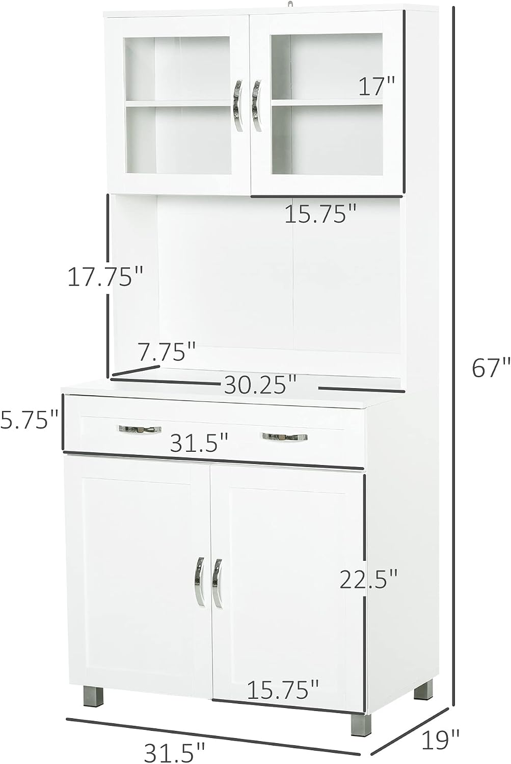 HOMCOM 67' Pantry Cabinet, Modern Kitchen Hutch, Freestanding Storage Cabinet with Glass Doors, Adjustable Shelves and Drawers for Home, Dining Room, Living Room, White