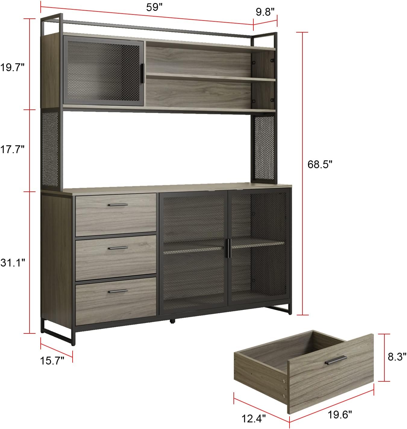 ECACAD Modern Wood Sideboard Buffet Storage Cabinet with Hutch, 3 Metal Mesh Doors, 3 Drawers & 5 Compartments, Kitchen Pantry Cupboard Console Table for Living Room, Dining Room, Walnut