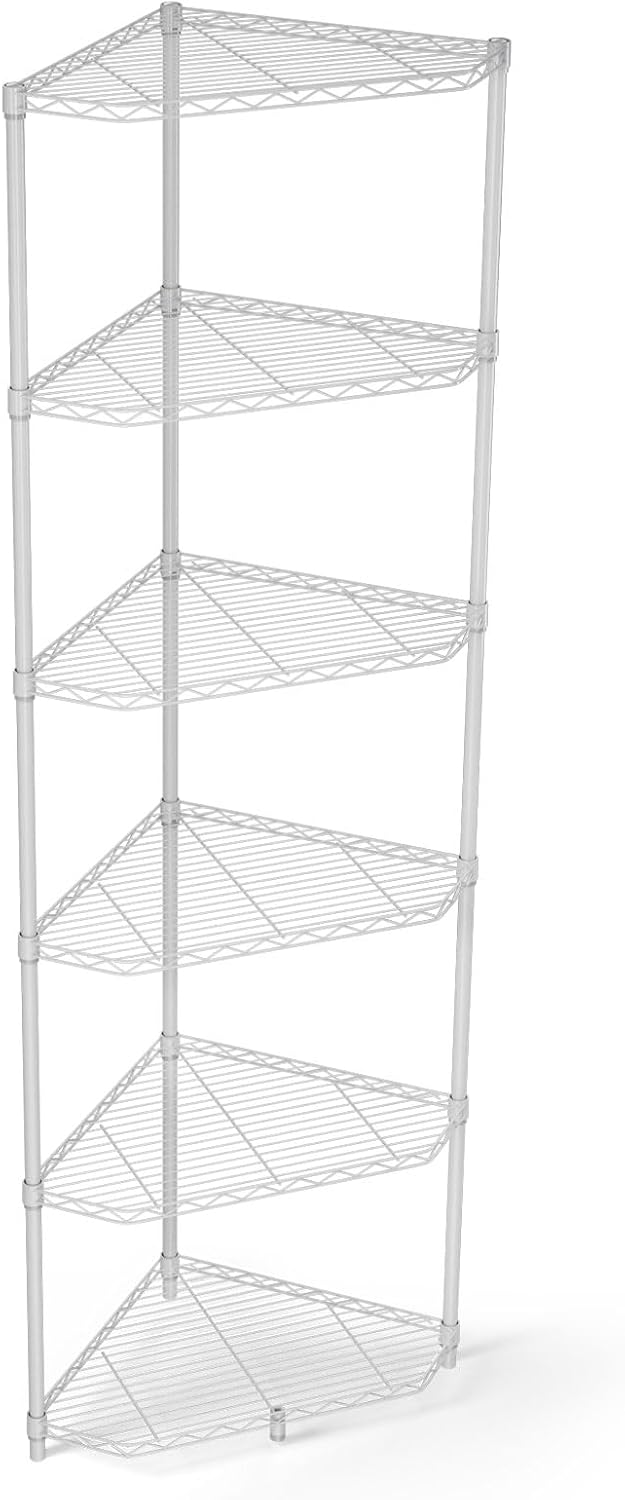 White Corner Storage Rack, 6 Tier Metal Corner Shelf Wire Shelving Unit, 600lbs Capacity, NSF, Adjustable Height, Leveling Feet and Liners, Ideal for Bathroom, Kitchen, 72'H x 20'L x 20'W, Pentagonal