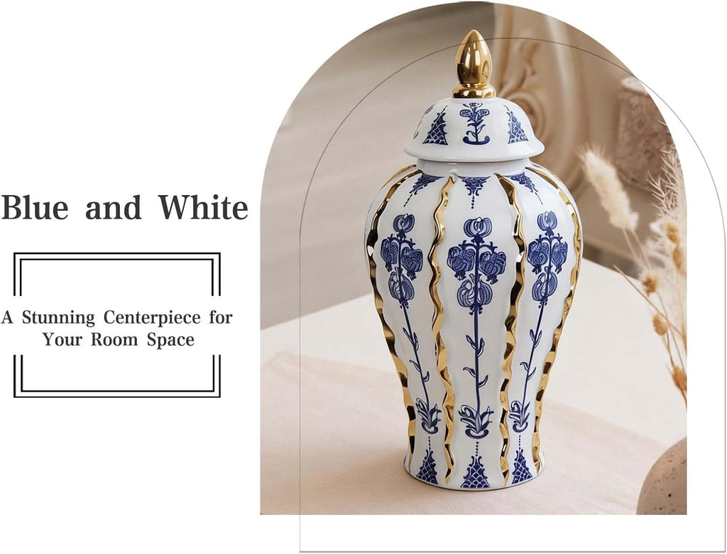 Blue and White Ginger Jar with lid, 18 Inch Large Ceramic Vase for pampas grass, Luxury Home Decor White Gold Tall Flower Vase for Living Room Kitchen Centerpiece, Hotel Wedding Decor