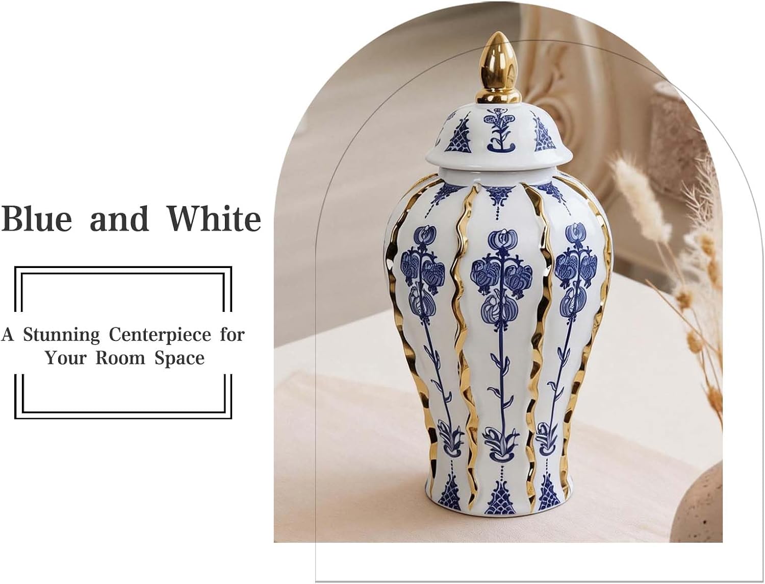 Blue and White Ginger Jar with lid, 18 Inch Large Ceramic Vase for pampas grass, Luxury Home Decor White Gold Tall Flower Vase for Living Room Kitchen Centerpiece, Hotel Wedding Decor