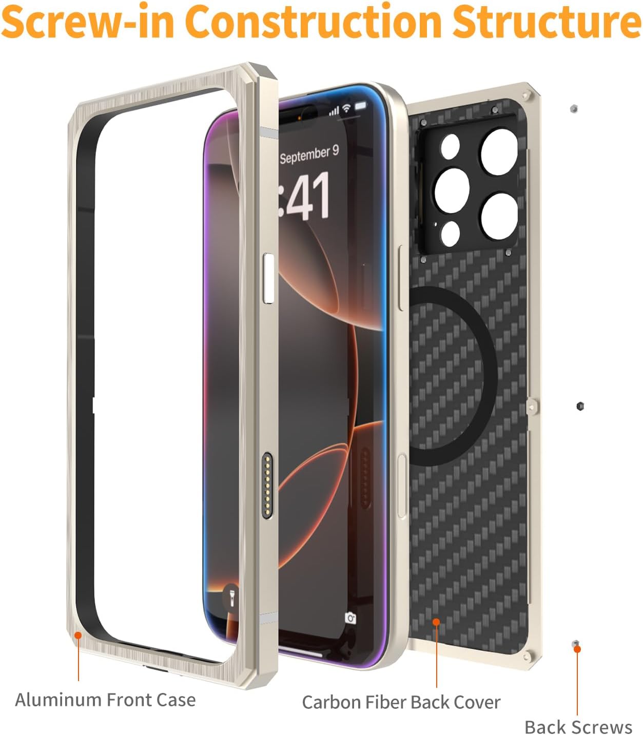 Luxury Carbon Fiber Aluminum Case for iPhone 16 Pro Max, Heavy Duty Rugged Military Protective Phone Cover with Camera Lens Protector Stand, Strong Magnetic Ring Compatible with Magsafe, Titanium