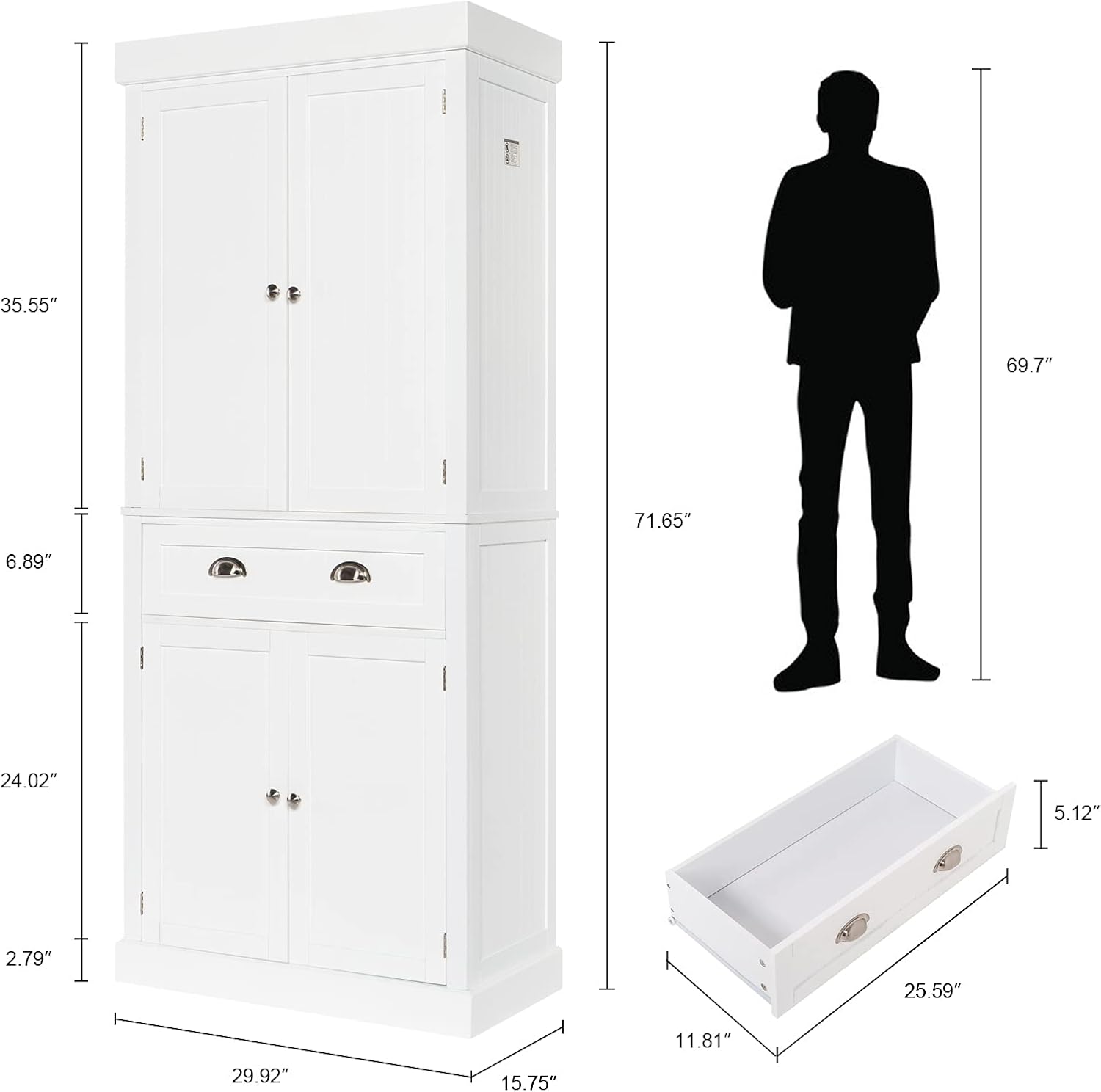 VINGLI 71-Inch White Storage Cabinets with Drawers, Freestanding Pantry Cabinets with Doors and Shelves Adjustable, Wood Farmhouse Kitchen Pantry Cupboard