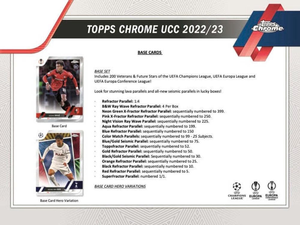 2022-23 Topps Chrome UEFA Champions League Soccer Factory Sealed Hobby Lite Box 16 Packs of 4 Cards. 4 Black and White Raywave Parallels Per Box. See Scans to see details on the Amazing Hits that are Possible.