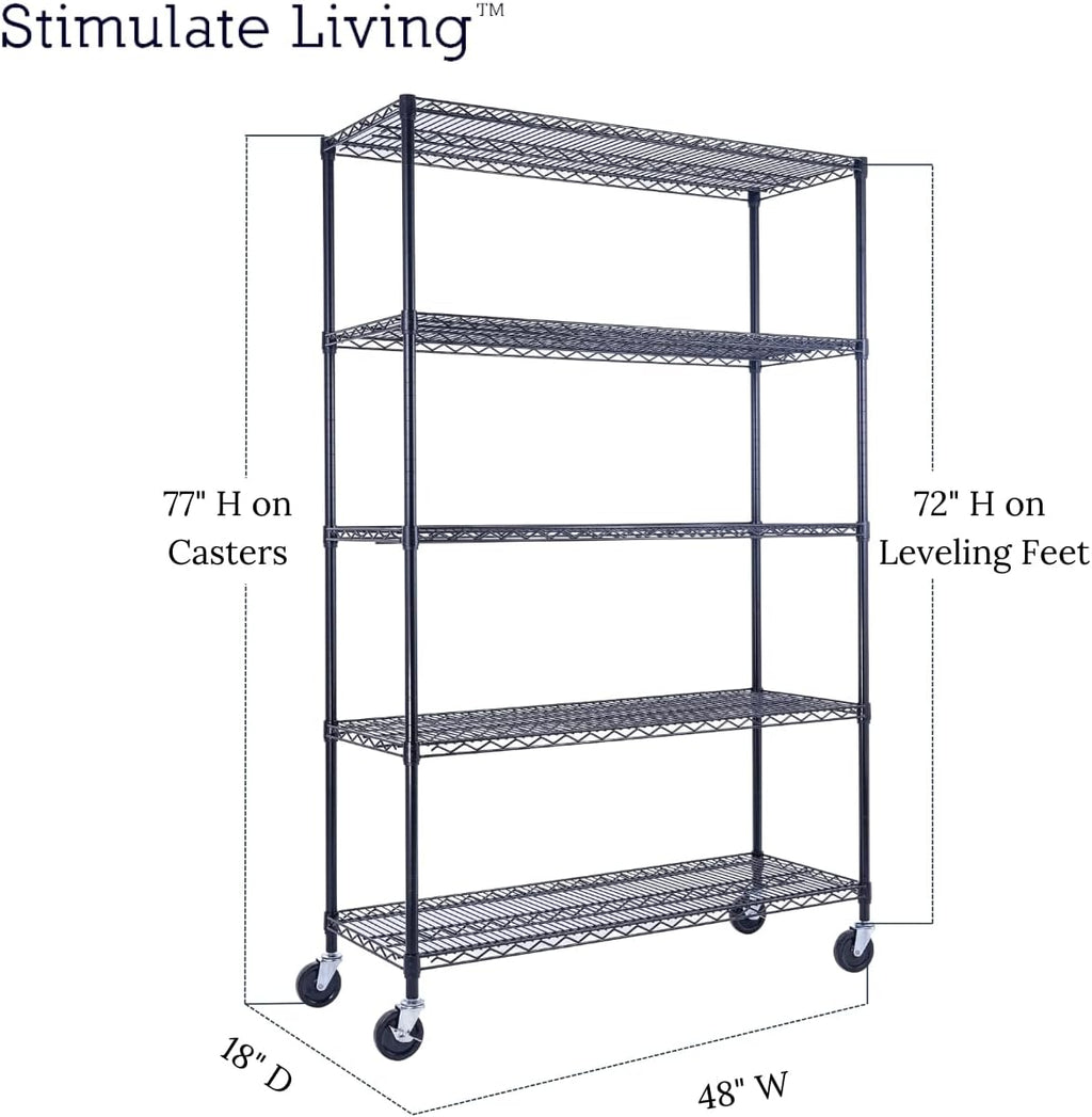 48'x18'x72' PRIME HEAVY DUTY Black 5-Tier Wire Shelving NSF 4000 LBS MAX Capacity Storage Rack for Commercial, School, Home, Garage, Warehouse, Industrial, and Hospital Uses (with Wheels)