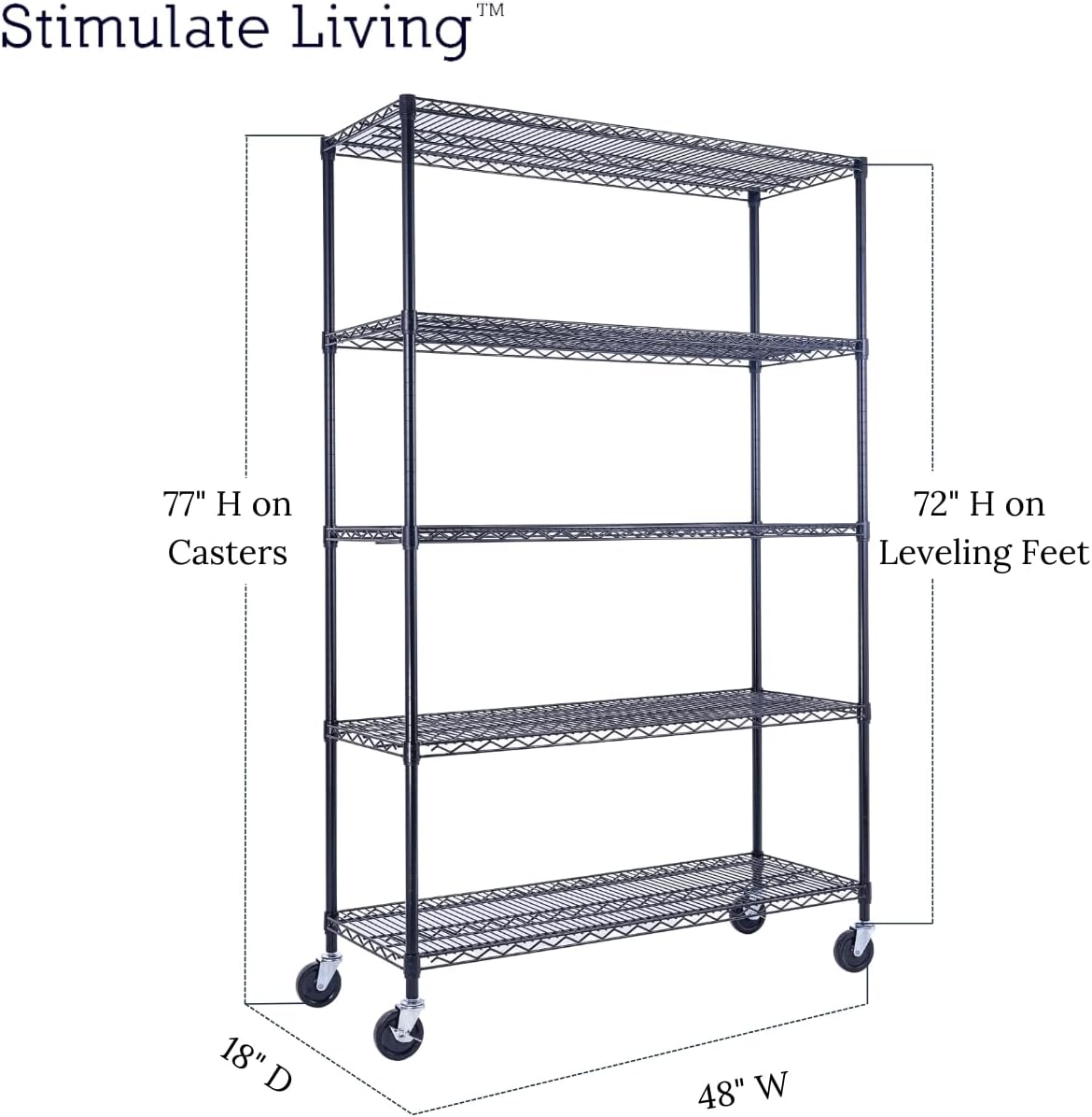 48'x18'x72' PRIME HEAVY DUTY Black 5-Tier Wire Shelving NSF 4000 LBS MAX Capacity Storage Rack for Commercial, School, Home, Garage, Warehouse, Industrial, and Hospital Uses (with Wheels)