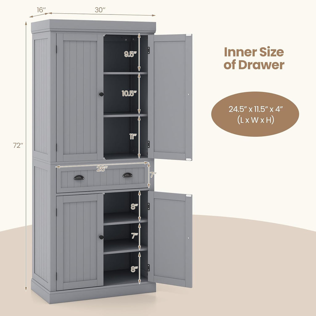 Tangkula 72' H Kitchen Pantry Cupboard Cabinet, Traditional Freestanding Large Tall Storage Cabinet with 2 Cabinets and Drawer, Adjustable Shelves, for Living Room Kitchen, 30 x 16 x 72 Inch