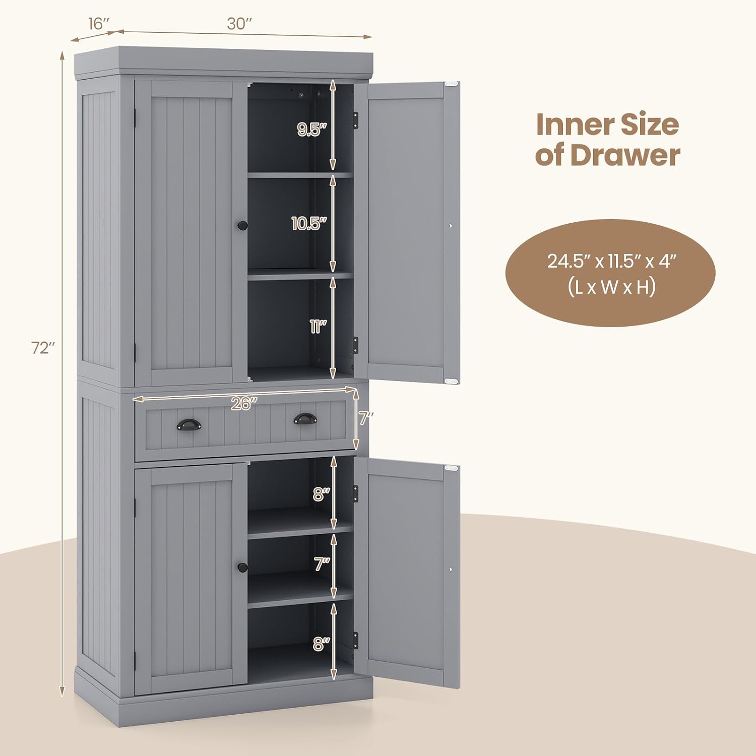 Tangkula 72' H Kitchen Pantry Cupboard Cabinet, Traditional Freestanding Large Tall Storage Cabinet with 2 Cabinets and Drawer, Adjustable Shelves, for Living Room Kitchen, 30 x 16 x 72 Inch