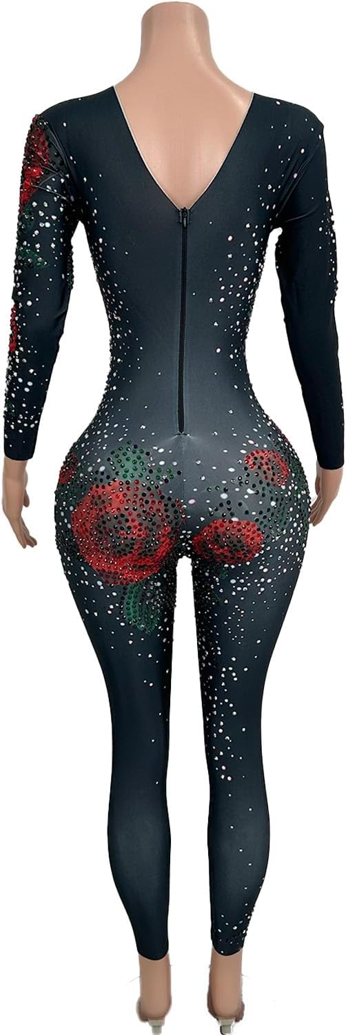 Women Nightclub Diamond Slim Fit Jumpsuits Romantic Rose Pattern Rompers Birthday Party Singer Dancer Stage Clothes