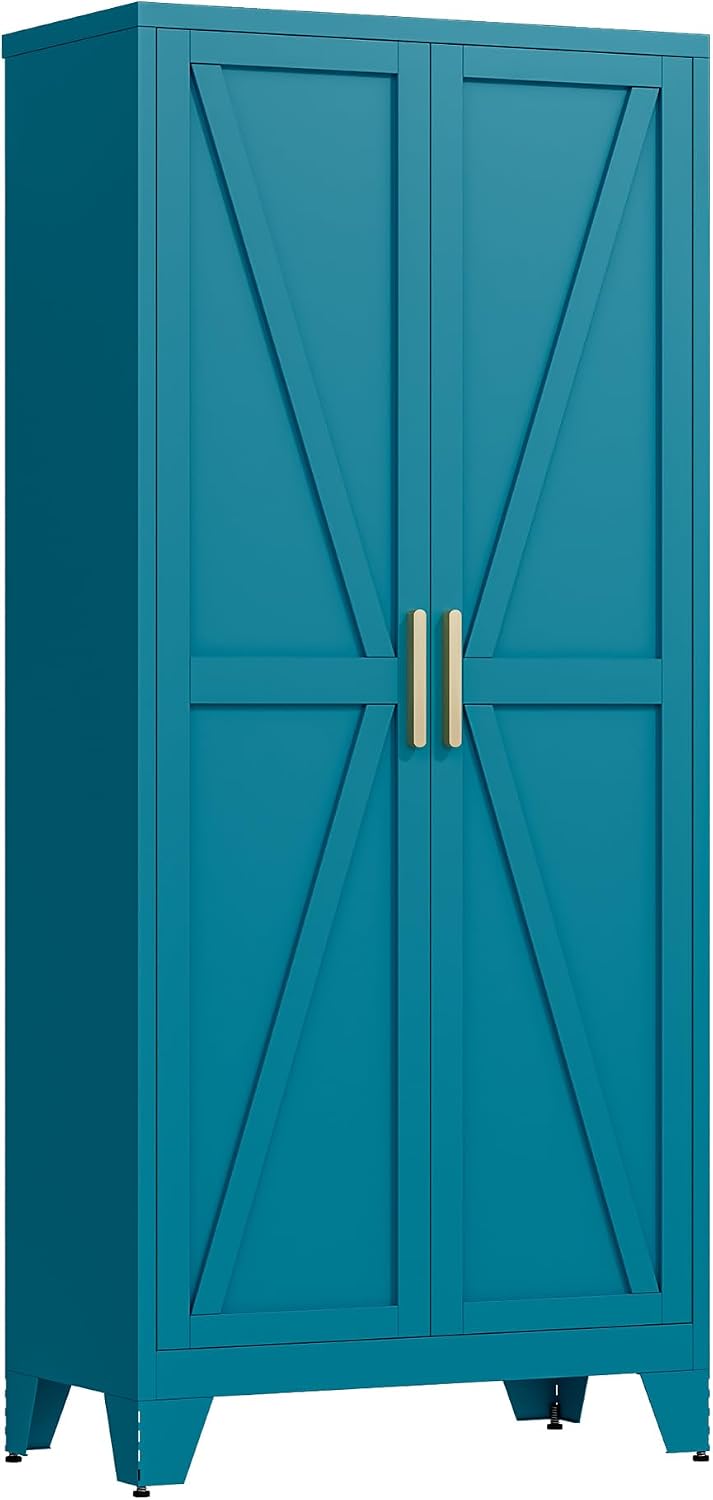 QINPTWUT 71' Metal Storage Cabinet with Doors and Shelves, Tall Pantry Cabinet in Blue with 2 Doors & 4 Adjustable Shelves, All-Steel Farmhouse Cupboard for Kitchen, Living Room,Home Office,Garage