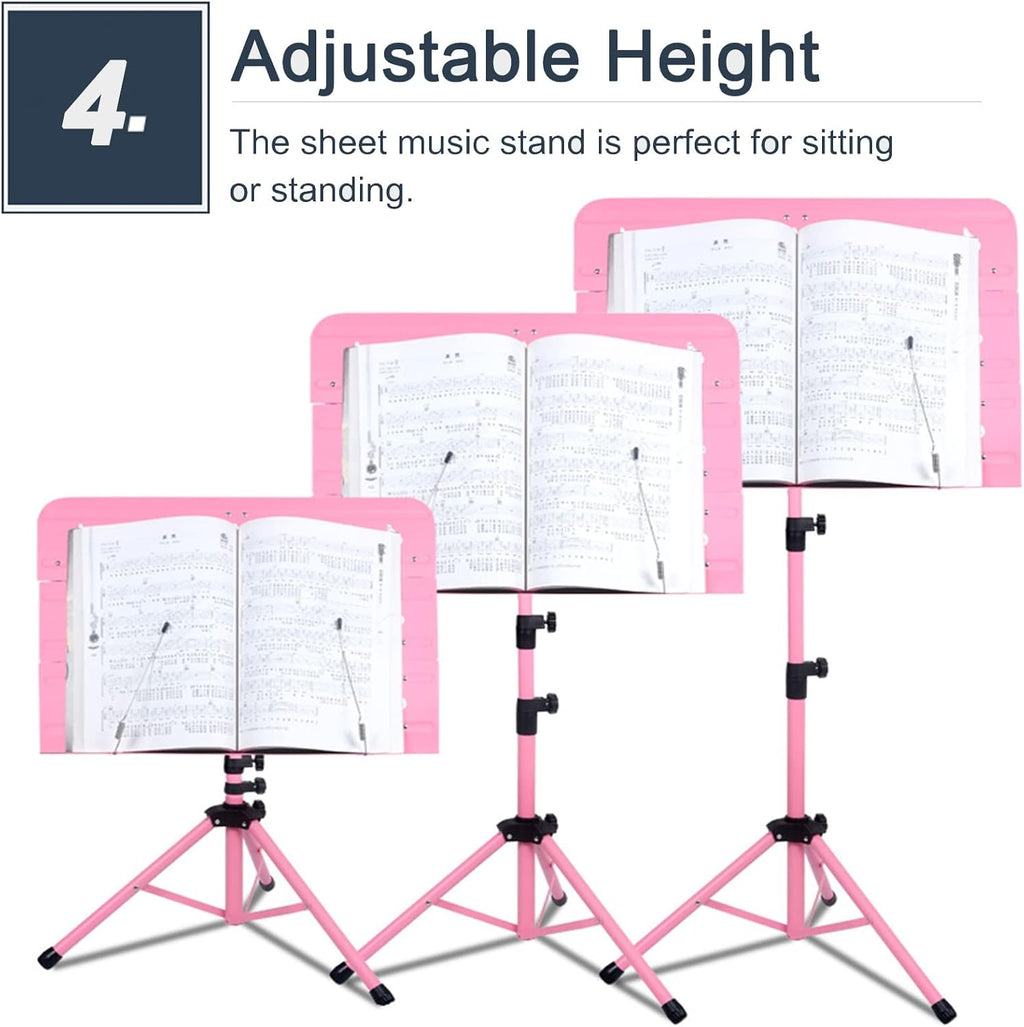 Pink Sheet Music Stand for Girls Playper Beginners, Foldable Portable Universal Orchestral Guitar Violin Sheet Music Holder, Concert Stage Travel