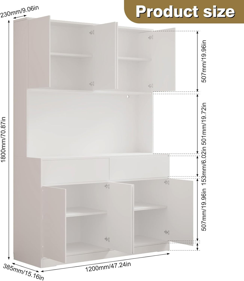 71' Tall 47' Wide Large Kitchen Pantry Storage Cabinet w/ Power Outlet,Led Light, Kitchen Hutch Pantry Cabinet w/ 2 Drawer and 8 Doors,Modern Freestanding Buffet Cabinets for Kitchens,Dining Room