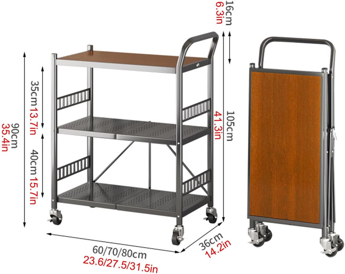 Microwave Stand,Bakers Rack,Kitchen Stands With Storage,3-Tier Foldable, Mobile Cart With Wheels,Suitable For Kitchens,Warehouses,Balconies,And Storage Rooms(Black,60*36*105CM/23.6*14*41IN)