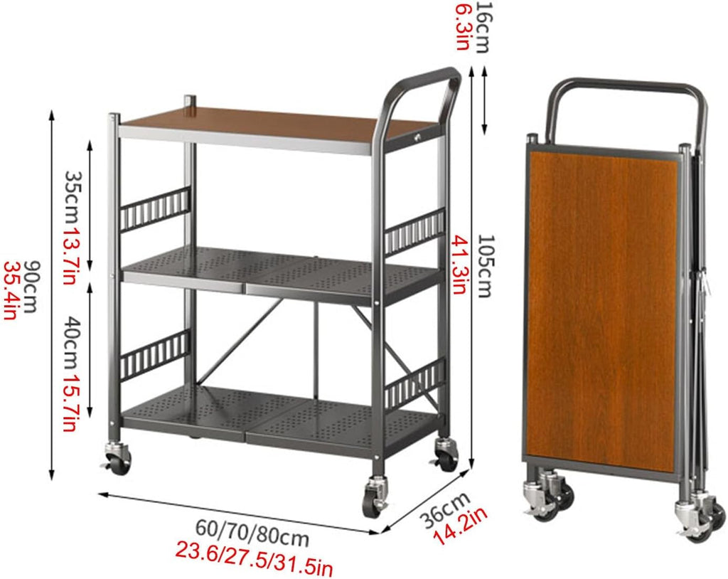 Microwave Stand,Bakers Rack,Kitchen Stands With Storage,3-Tier Foldable, Mobile Cart With Wheels,Suitable For Kitchens,Warehouses,Balconies,And Storage Rooms(Black,70*36*105CM/27.5*14*41IN)