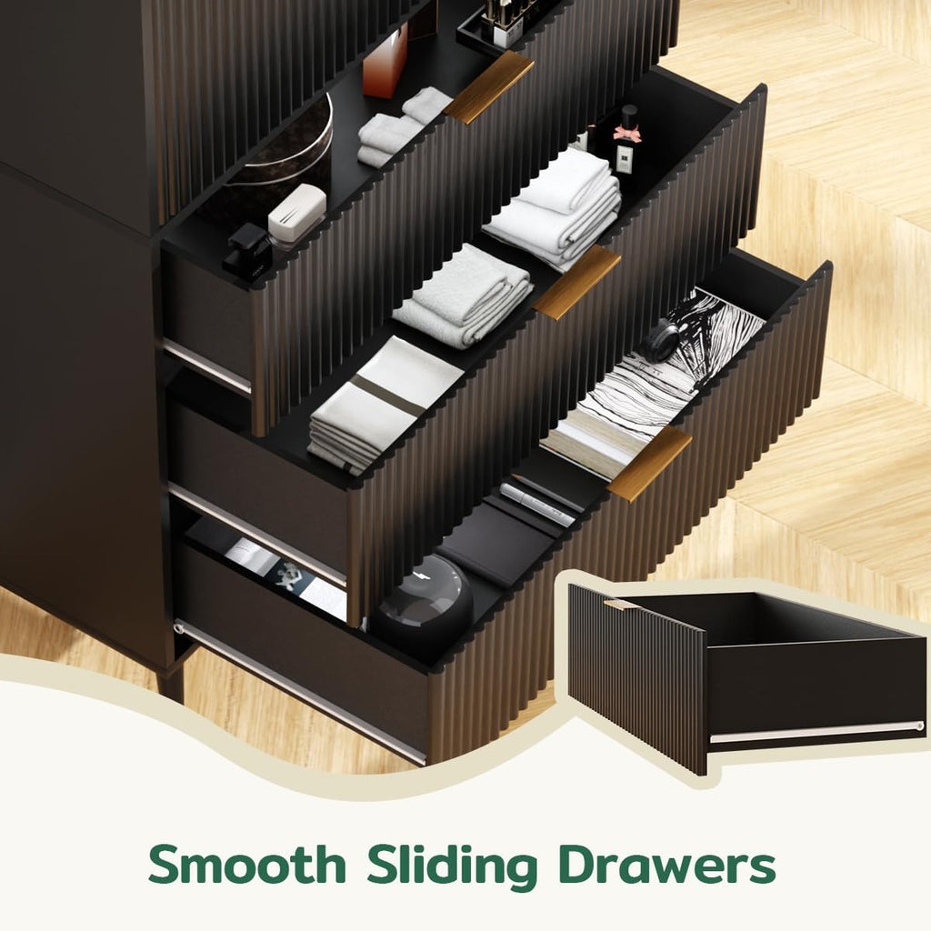 Tall Storage Cabinet, Kitchen Pantry Cabinet with Adjustable Shelves & Fluted Panel Design, Wood Cupboard with 3 Drawers 2 Doors, Tall Home Cupboard for Living Room, Kitchen, Black