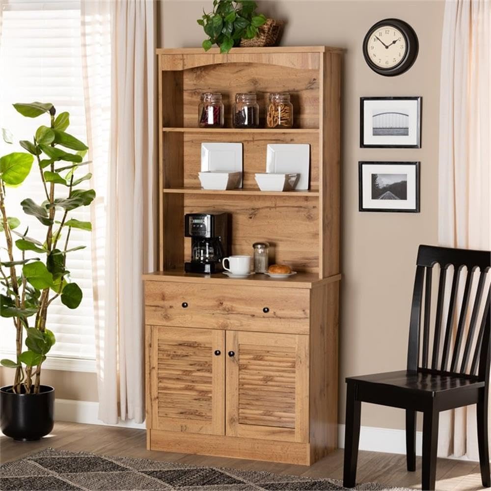 BOWERY HILL Wood Buffet and Hutch, 70.2 in x 31.5 in x 15.75 in, Oak Brown Finish, Engineered Wood Construction, 3 Open Shelves, Drawer and Storage Cabinet, Kitchen or Dining Room Storage Unit
