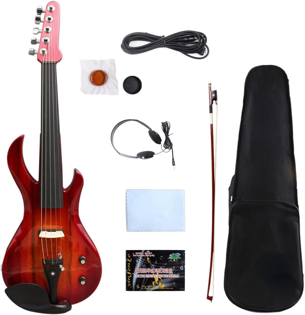 electric Viola 16 inch guitar-shaped Viola Solid Wood Body Ebony Fittings with case Bag, viola Bow, Rosin for Adults&Beginner&Students (Red 5str)