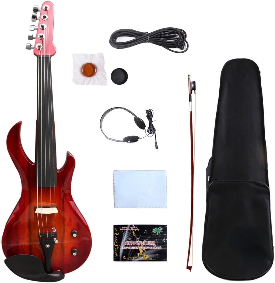 electric Viola 16 inch guitar-shaped Viola Solid Wood Body Ebony Fittings with case Bag, viola Bow, Rosin for Adults&Beginner&Students (Red 5str)