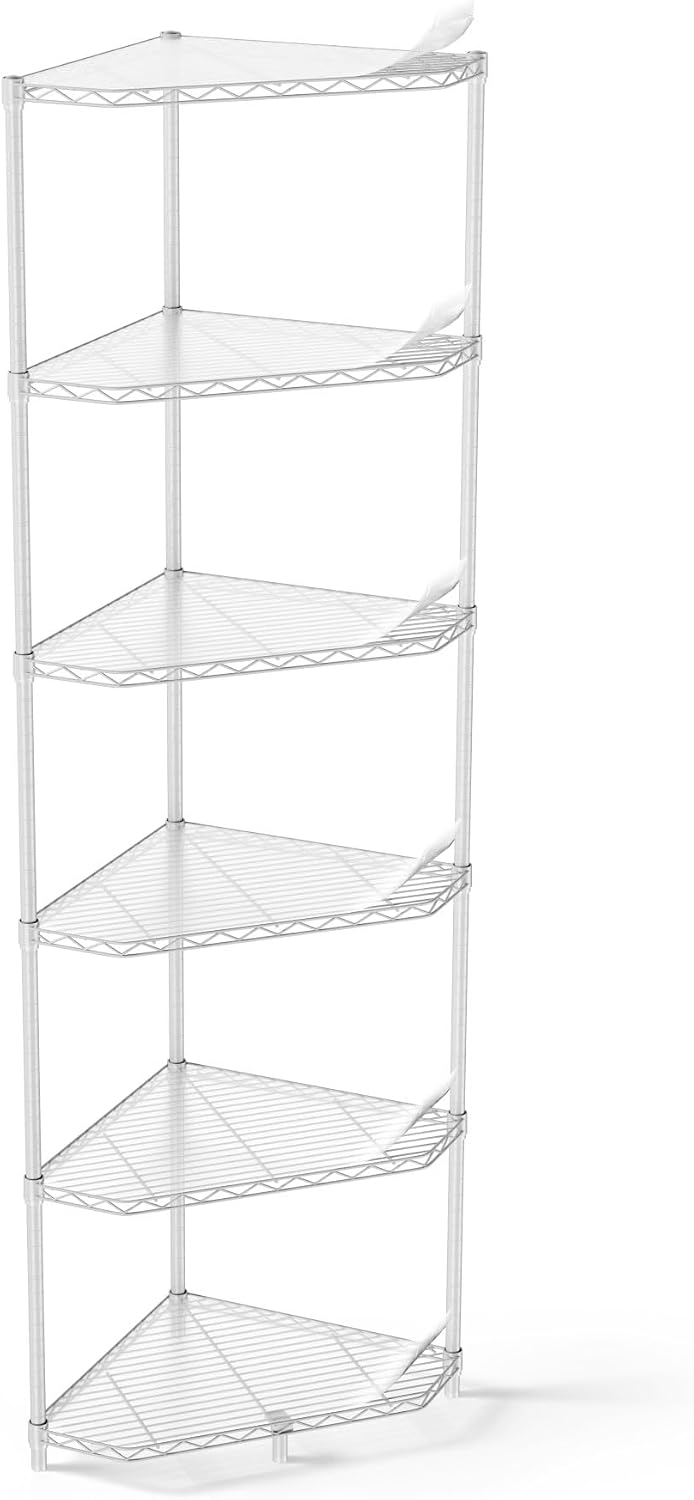 600lbs 6 Tier Corner Shelf NSF Metal Wire Shelving Unit, Adjustable, with Leveling Feet and Waterproof Shelf Liners for Garage, Kitchen, and More - 20' L x 20' D x 72' H, White Pentagonal-Shape