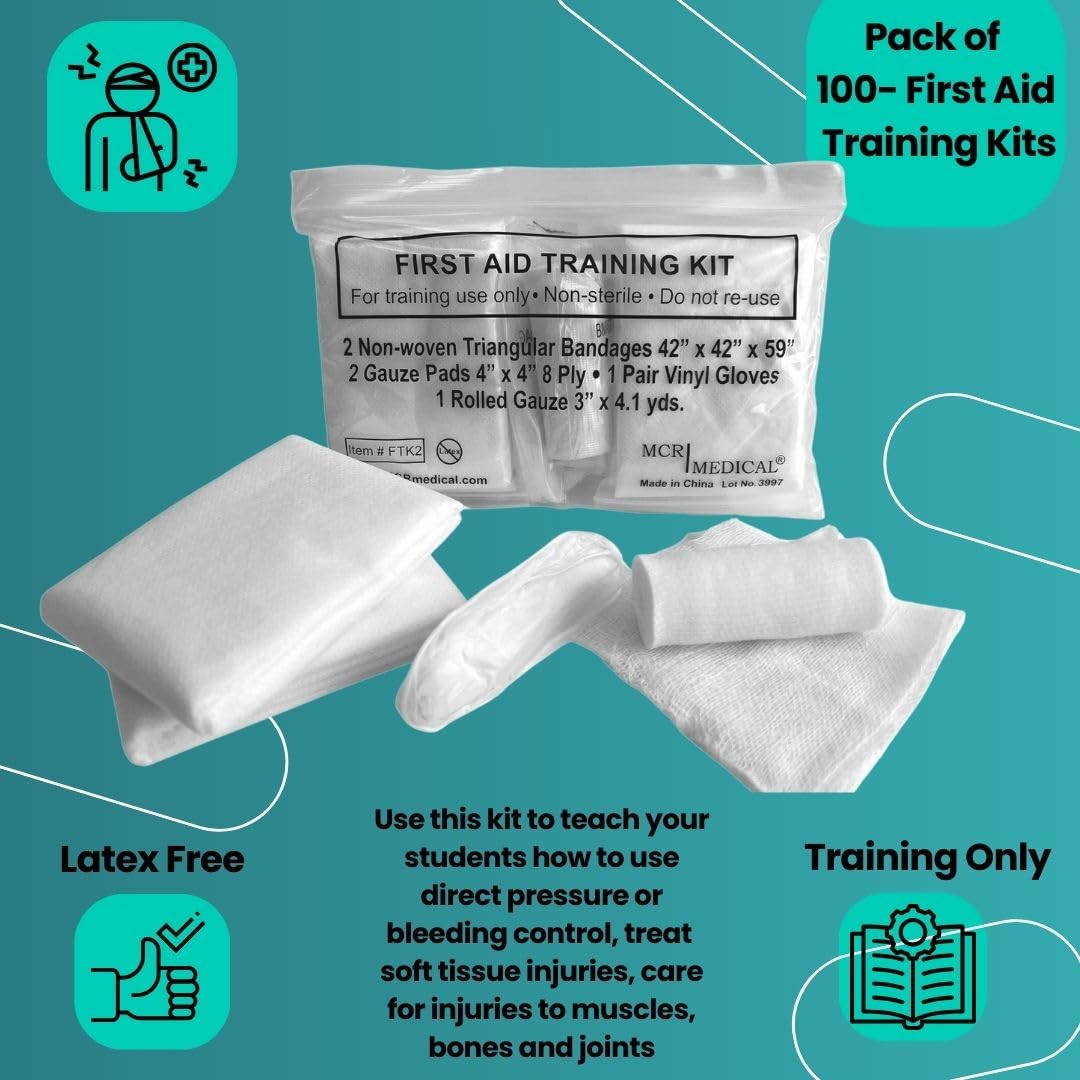 First Aid Training Kit w/Roller Gauze w. Gauze Pads and Triangular Bandages and Gloves 100-Pack MCR Medical