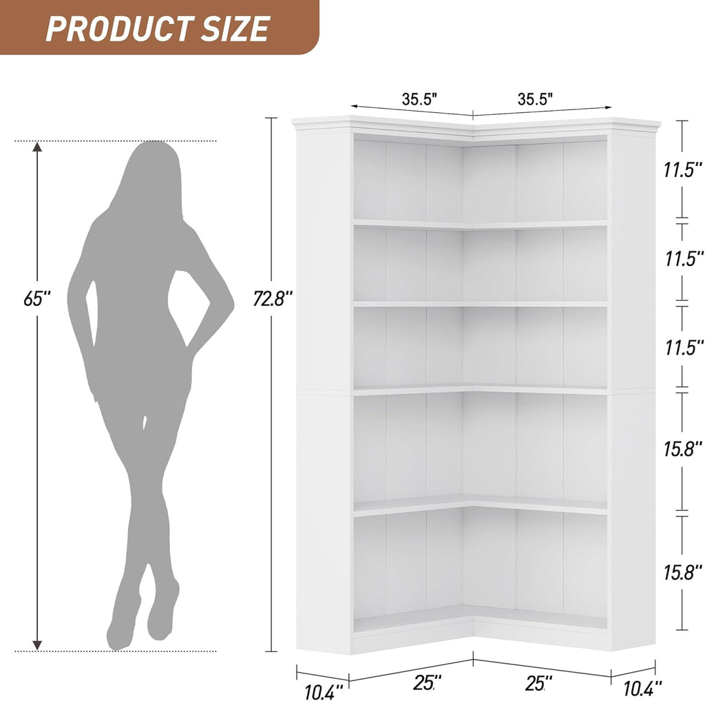 IDEALHOUSE Corner Bookshelf 72.8in Farmhouse Bookcase Large Bookshelves Wood Bookcase Tall 5 Tier Corner Shelf L Shaped Bookshelf Storage Display Rack Living Room Bedroom (White, Full Panel)