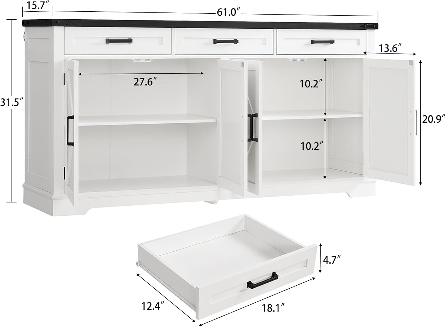 usikey 61' Large Sideboard Buffet Cabinet with 4 Doors and 3 Drawers, Farmhouse Buffet Table, Dining Room Storage Cabinet for Kitchen or Living Room, White