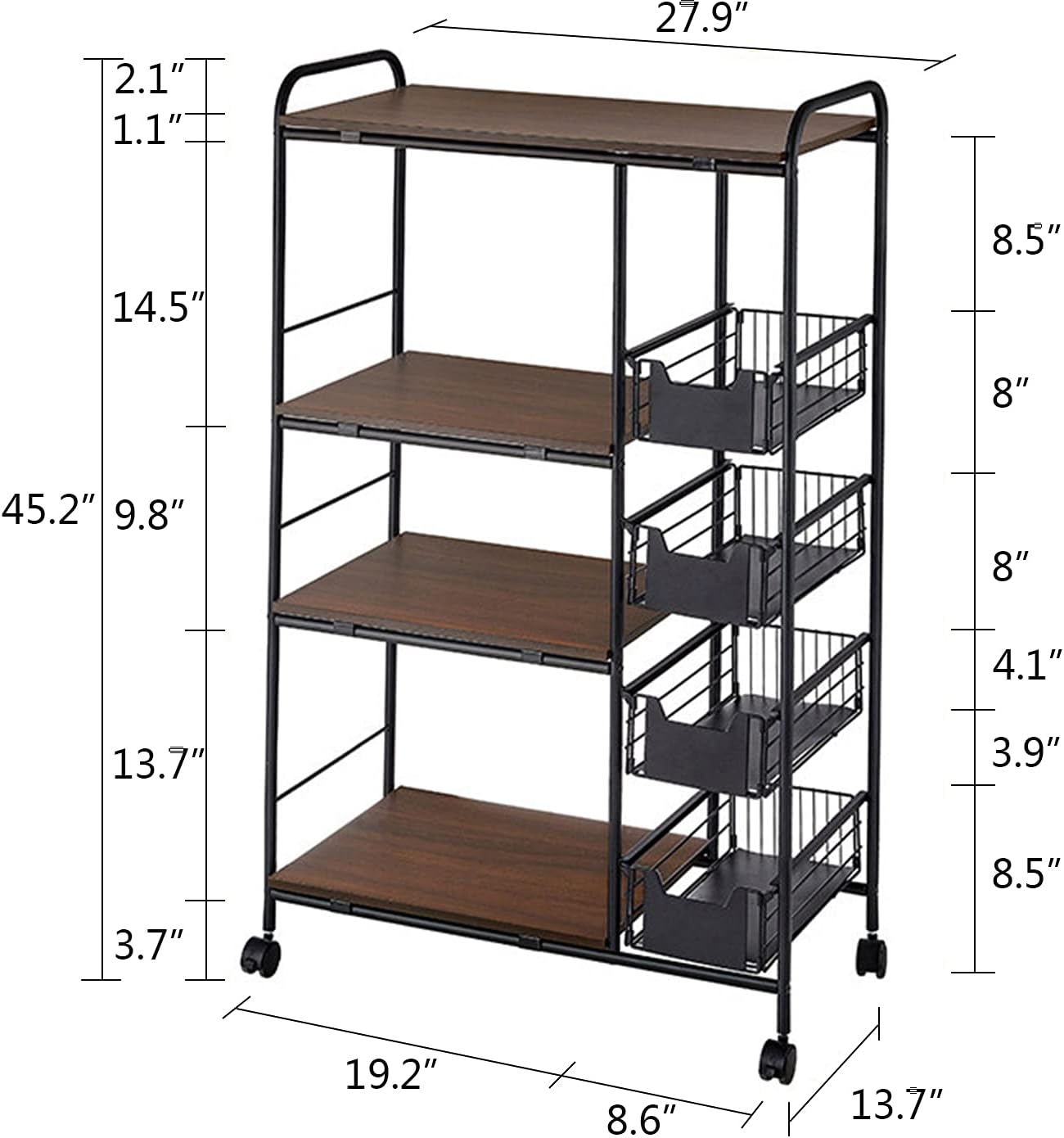 OUKANING 4-Tier Kitchen Baker's Rack Rolling Cart Trolley with Wheels and Baskets Utility Microwave Oven Stand for Kitchenware Tableware Spices Food Fruits and Vegetables (27.9x13.7x45.2in)