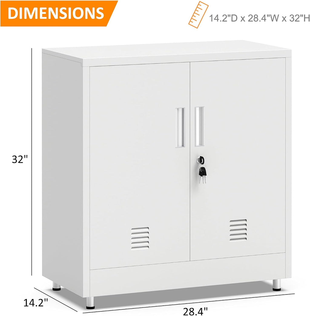 Metal Storage Cabinet with Locking Doors and Adjustable Shelf, Small Lockable Sideboard Buffet Cabinet for Home, Office, Entryway, Hallway, Living Room, Kitchen and Dining Room, White
