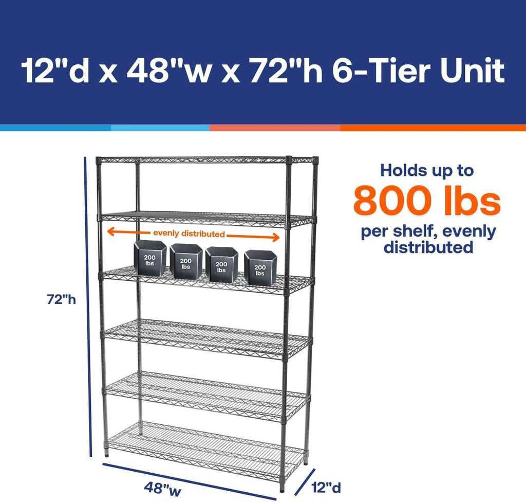 SI Shelving Inc.12 d x 48' w x 72' h Chrome Wire Shelving with 6 Tier Shelves, Weight Capacity 800lbs Per Shelf