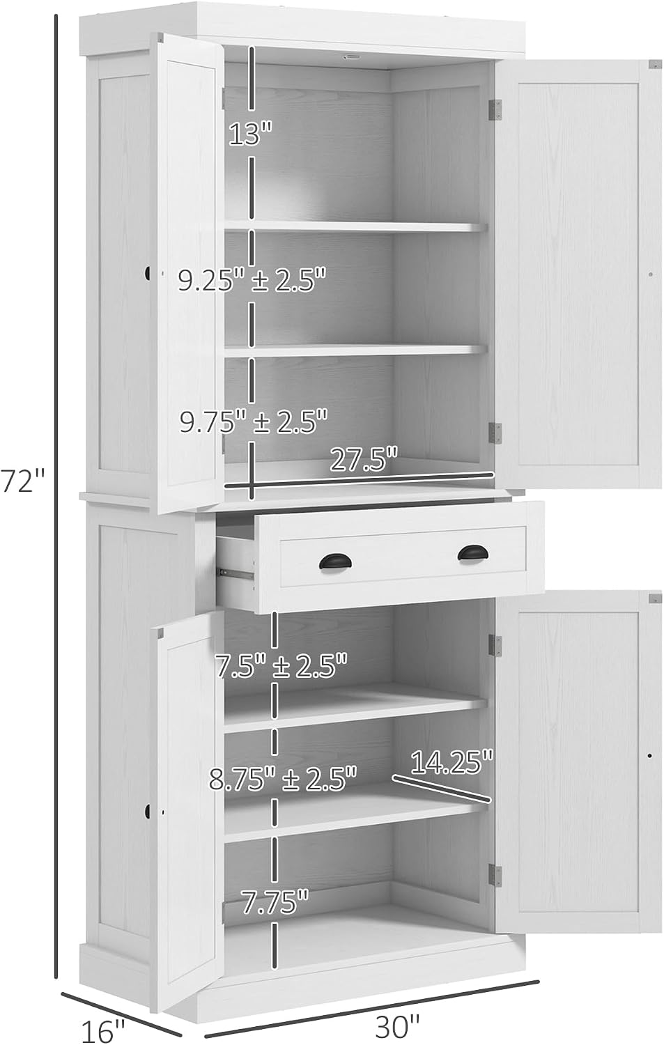 HOMCOM 72.5' Kitchen Pantry Cabinet, Traditional Freestanding Storage Cabinet with 4 Doors, Drawer and 3 Adjustable Shelves for Dining Room, White Wood Grain
