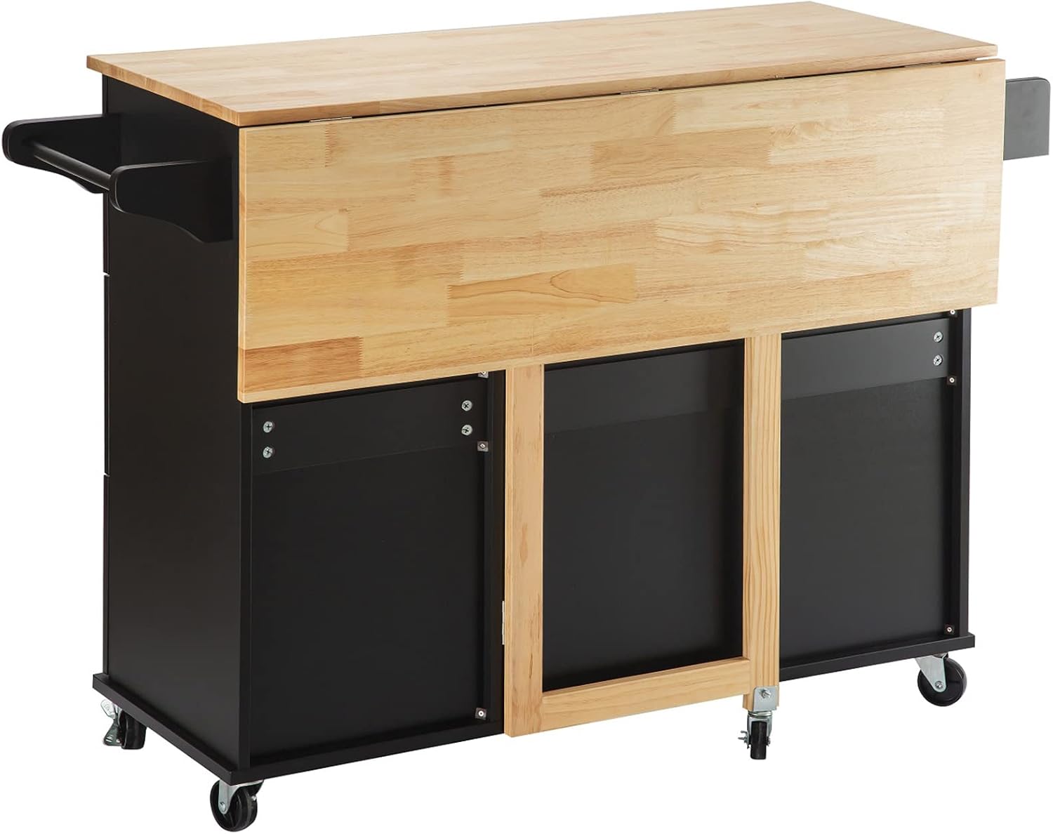 Kitchen Island with Extensible Rubber Wood Table Top Kitchen Bar Serving Cart Mobile Microwave Cart with Spice Rack and Handle Large Trolley Cart Kitchen Bakers Rack with Drawer and Storage Cabinet