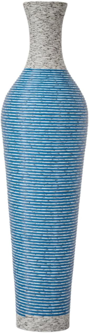 39-Inch Tall Vintage Floor Vase - Premium PVC Rattan Weave, Large Blue Striped Standing Vase, Flower Holder for Home Decor (Blue)