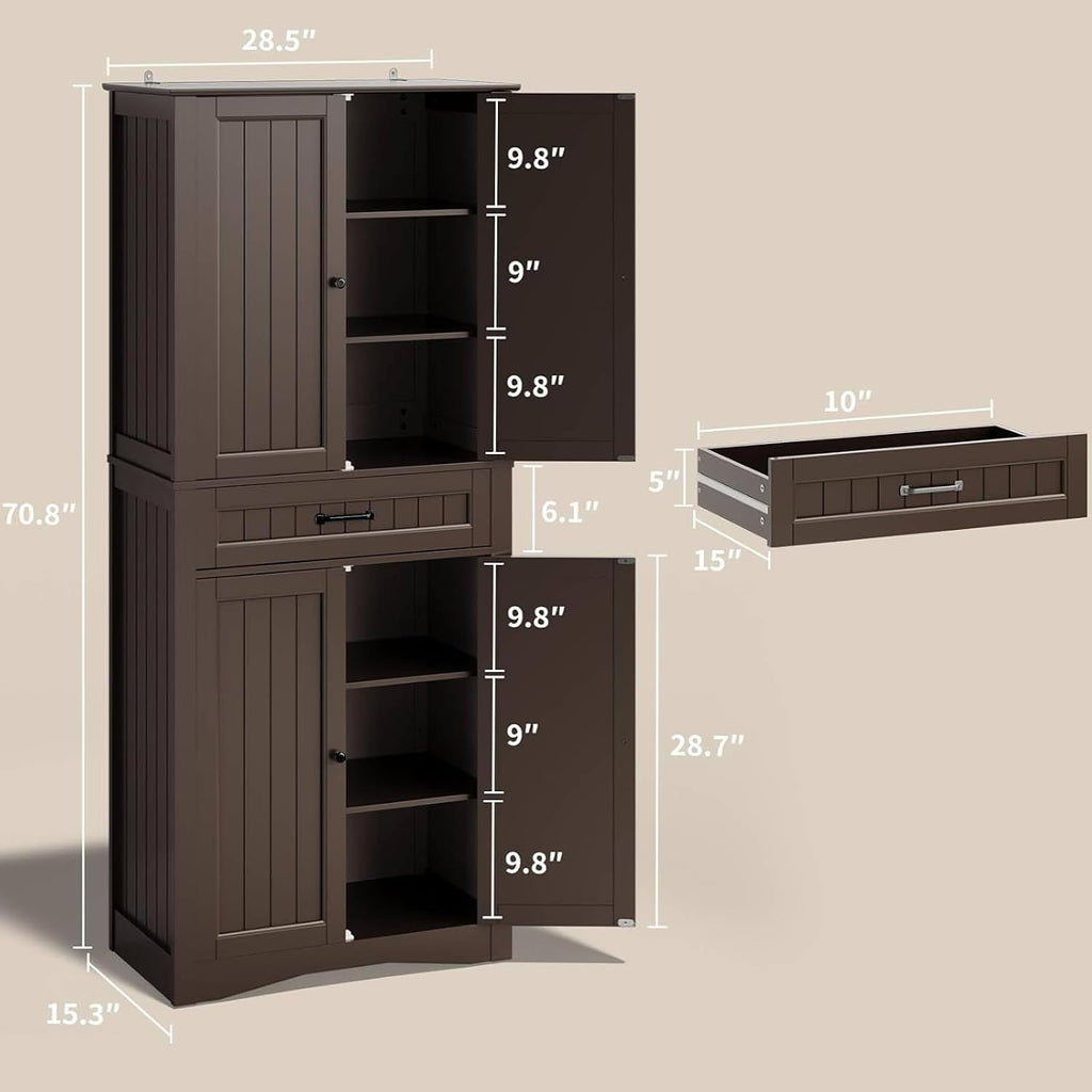 Gizoon 71'' Kitchen Pantry Storage Cabinet, Freestanding Pantry Organizers and Storage Cabinet with 4 Doors and 4 Adjustable Shelves, Tall Cabinet with Large Drawer for Kitchen, Living Room, Bathroom