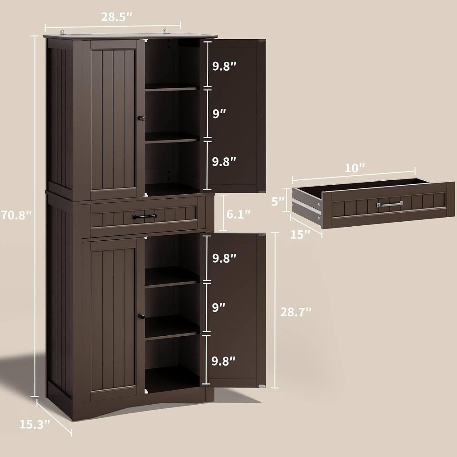Gizoon 71'' Kitchen Pantry Storage Cabinet, Freestanding Pantry Organizers and Storage Cabinet with 4 Doors and 4 Adjustable Shelves, Tall Cabinet with Large Drawer for Kitchen, Living Room, Bathroom