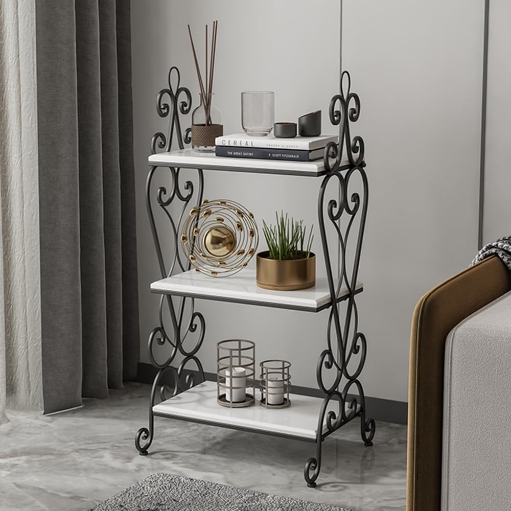 3-Tier Plant Shelf for Indoor,Rustic Wood Bookcase Shelf with Metal Frame,Rustic Storage Rack with Open Shelves for Living Room Bedroom and Balcony (Black Frame+ White Shelf)