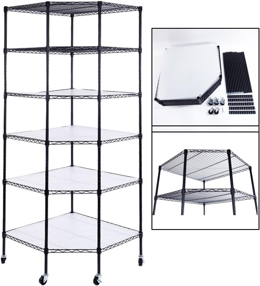 Bonnlo 6-Tier Rolling Heavy Duty Commercial Polygonal Corner Shelf Wire Shelving Unit Adjustable Storage Rack Free Standing Garage with 5 Wheels 26 4/5' L x 26 4/5' W x 71' H Inches (Black)