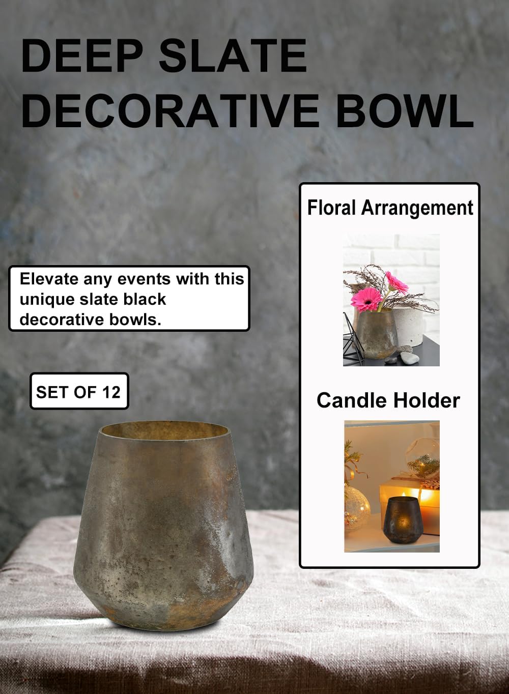 Serene Spaces Living Distressed Grey Decorative Vase, 6in x 6in Bowl for Home Décor and Centerpieces, Set of 12