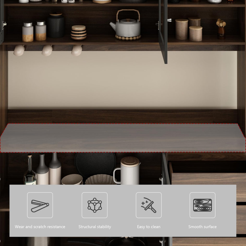 FUFU&GAGA 74.8' Tall Kitchen Pantry Cabinet with 4 Drawers, 4 Doors & Microwave Stand, Freestanding Hutch Cabinet with Buffet Cupboard for Kitchen, Dinningroom, Black and Brown