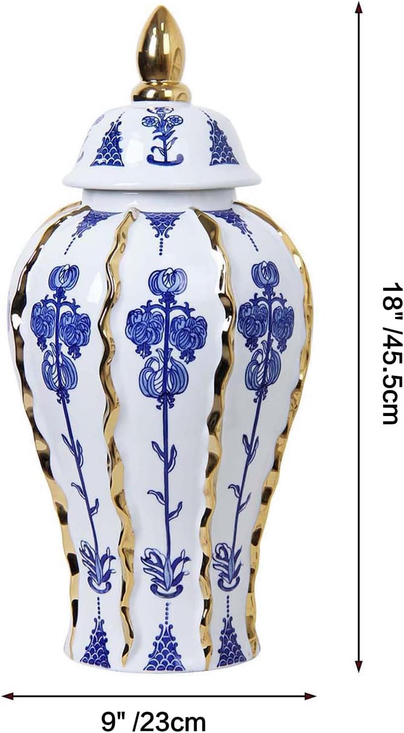 Blue and White Ginger Jar with lid, 18 Inch Large Ceramic Vase for pampas grass, Luxury Home Decor White Gold Tall Flower Vase for Living Room Kitchen Centerpiece, Hotel Wedding Decor