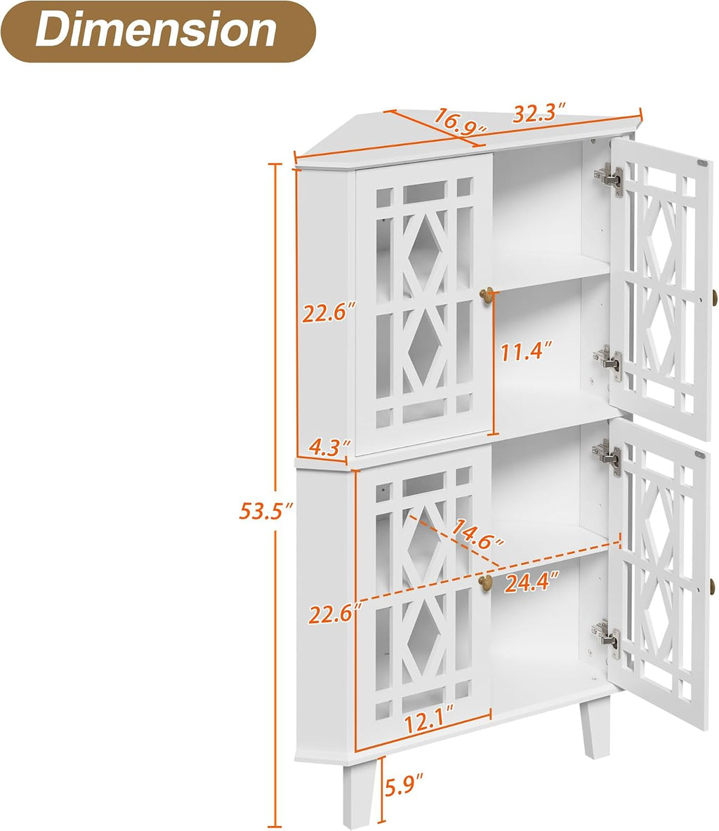 Scurrty Tall Corner Shelf Stand, Large Shelf Corner Table Sideboard Cabinet with 4 Doors and 4-Tier Shelves, Free-Standing Storage Organizer for Living Room, Dining Room & Bathroom (White)