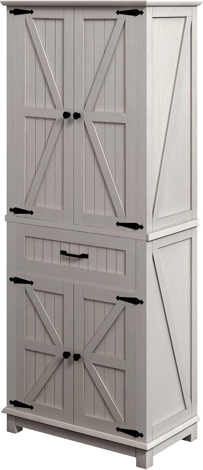 DWVO 72' Tall Farmhouse Pantry Cabinet, Kitchen Storage Pantry with Barn Doors & Drawer, Versatile Organizer with Adjustable Shelves, Rustic Cupboard for Dining Room, Living Room, White Oak