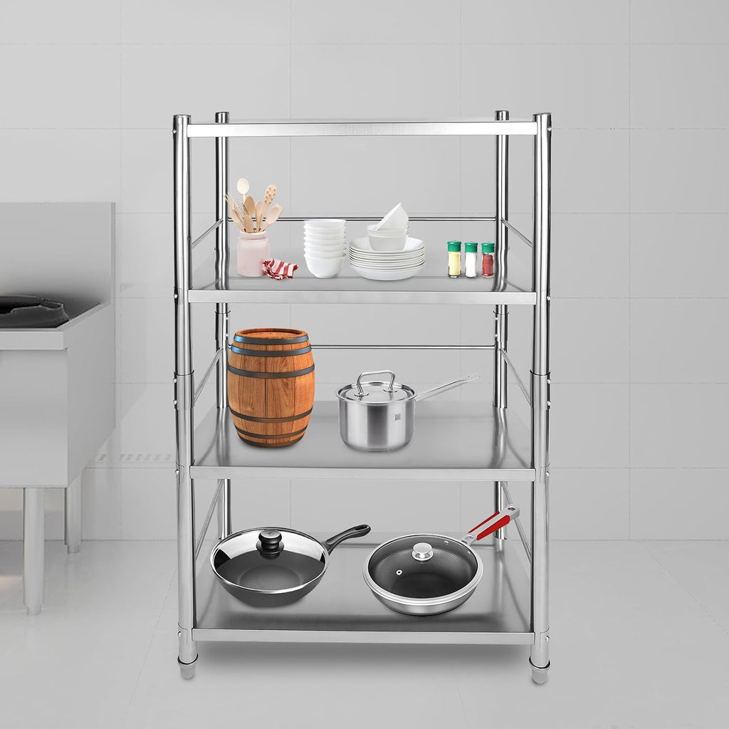 4-Tier Stainless Steel Shelving, Adjustable Height Stainless Steel Storage Shelf, Adjustable Shelf Storage Unit Heavy Duty Shelving for Kitchen Commercial Office Garage Storage, Load 200lb Per Shelf