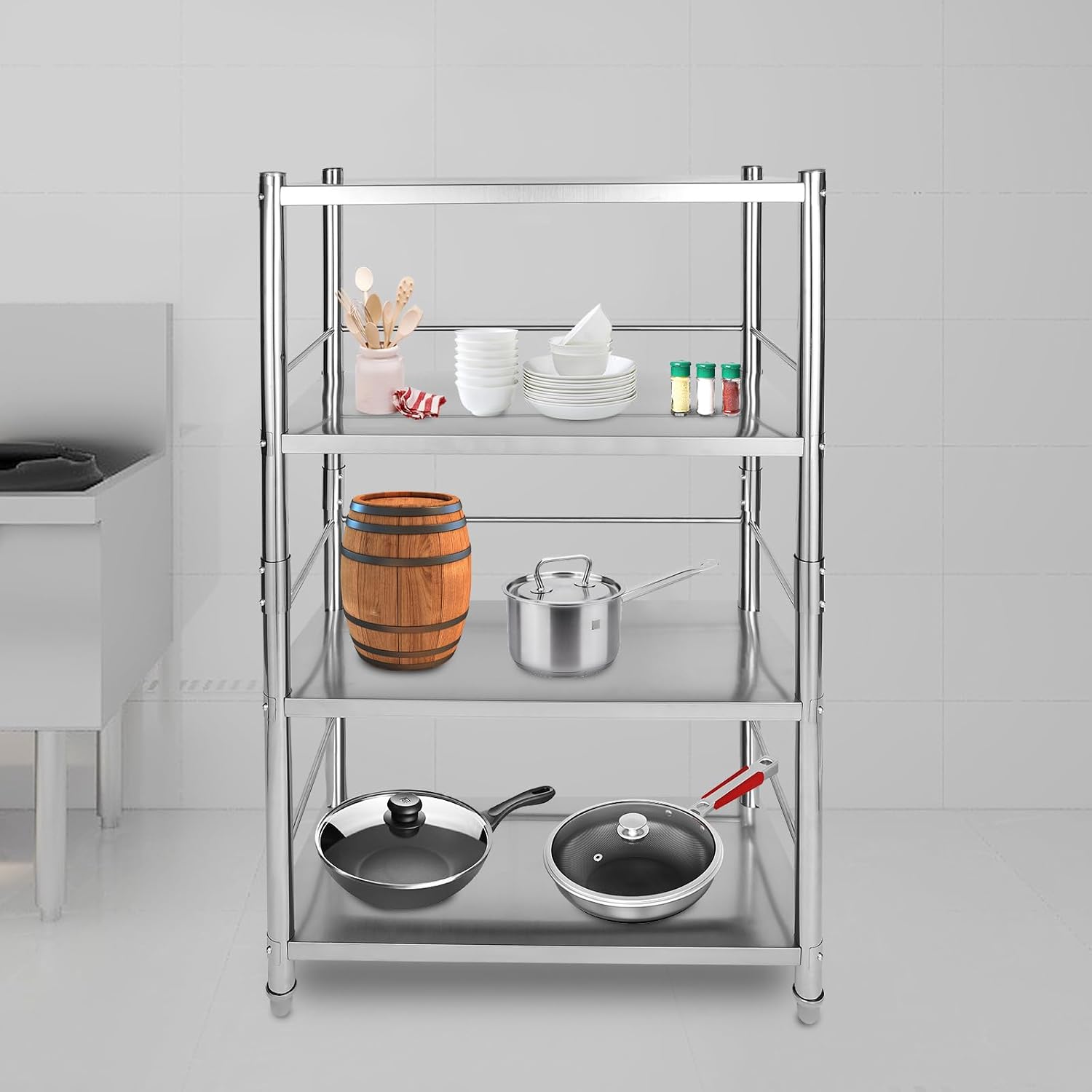 4-Tier Stainless Steel Shelving, Adjustable Height Stainless Steel Storage Shelf, Adjustable Shelf Storage Unit Heavy Duty Shelving for Kitchen Commercial Office Garage Storage, Load 200lb Per Shelf
