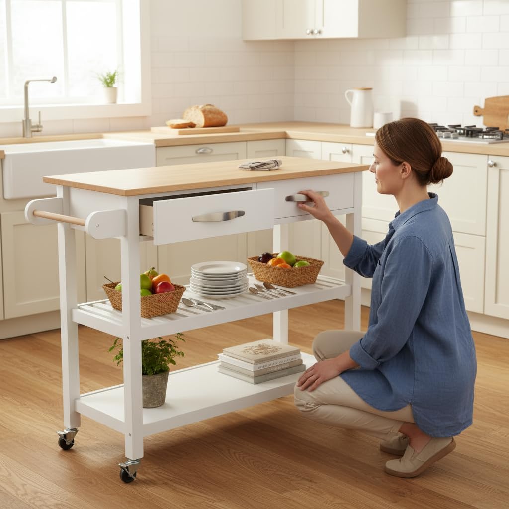 Kitchen Island 45' Rolling Kitchen Island Cart On Wheels with 2 Drawer and Towl Rack 3 Tiers Rolling Utility Cart with Solid Wood Top Serving Trolley for Dining Room White
