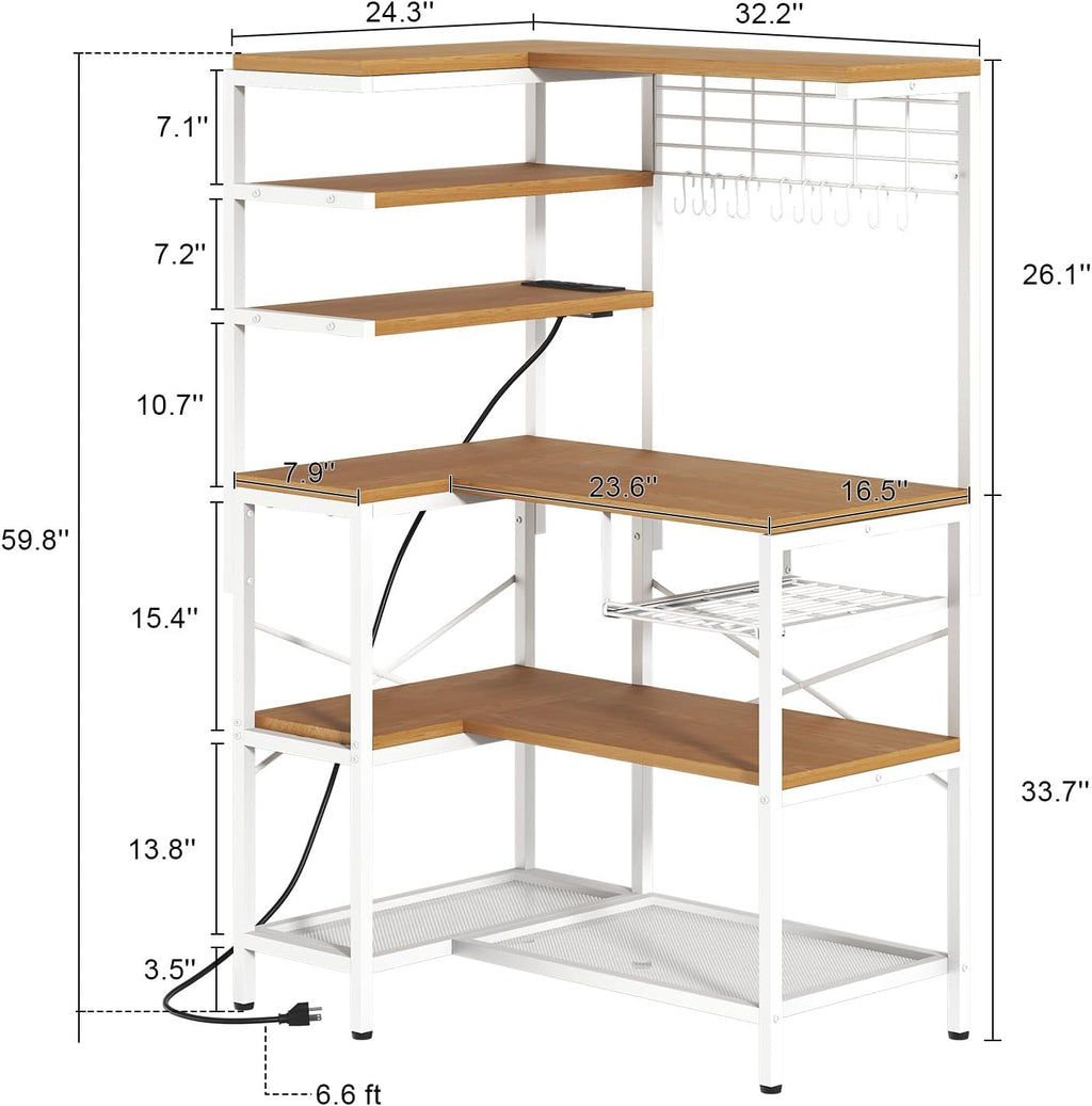 L-Shaped White Bakers Rack with Power Outlet, Kitchen Storage Rack with Hooks, Wire Shelf with Open Storage, Mesh Grid, Wire Basket