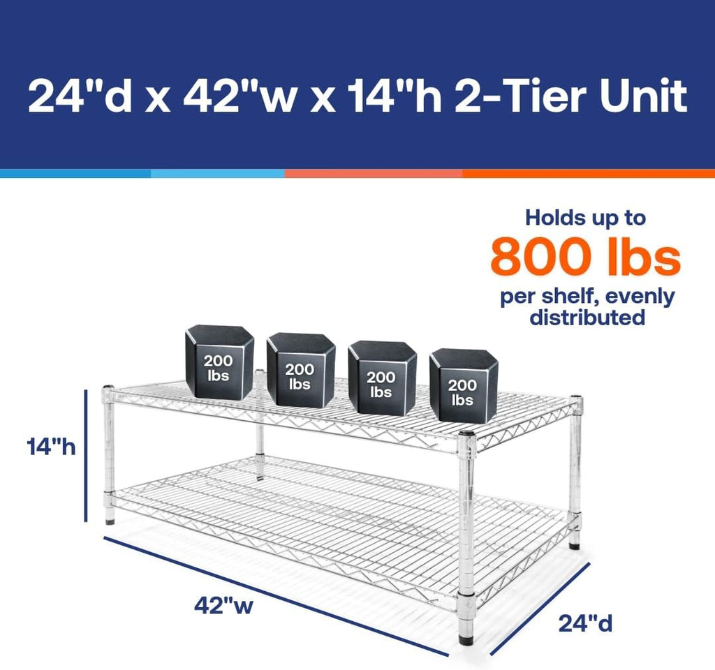 Shelving Inc. 24' d x 42' w Chrome Wire Shelving with 2 Tier Shelves, Weight Capacity 800lbs Per Shelf