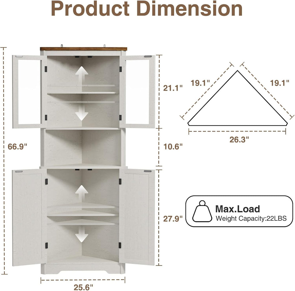 67''H Tall Corner Cabinet with 4 Tempered Glass Doors and Barn Doors, Farmhouse Storage Cabinet with 2 Adjustable Shelves, Home Pantry Hutch for Kitchen, Dining Living Room, Bathroom, Antique White